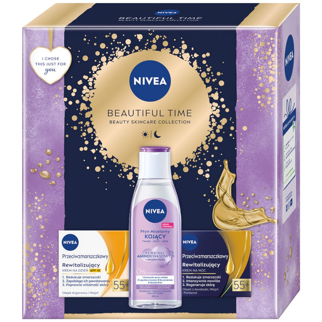 Nivea Beautiful Time zestaw kojący płyn micelarny 200ml + krem na dzień 55+ 50ml + krem na noc 55+ 50ml