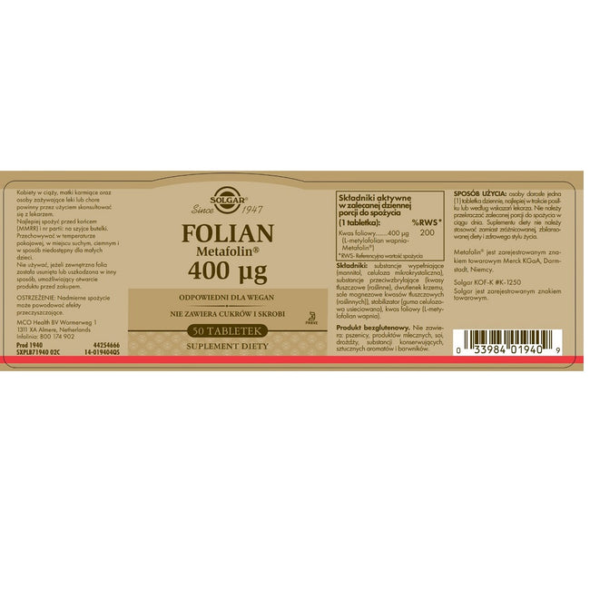 Solgar Folian (Metafolin) 400 µg suplement diety 50 tabletek