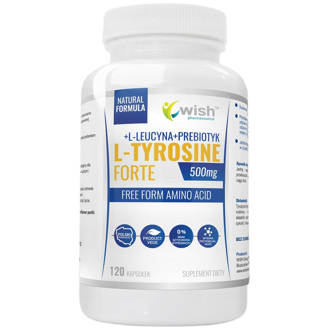 WISH Pharmaceutical L-Tyrosine Forte 500mg + L-Leucyna + Prebiotyk suplement diety 120 kapsułek