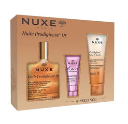 Nuxe Huile Prodigieuse Or zestaw suchy olejek 100ml + szampon do włosów 30ml + olejek pod prysznic 100ml