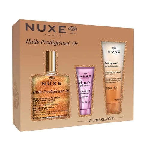 Nuxe Huile Prodigieuse Or zestaw suchy olejek 100ml + szampon do włosów 30ml + olejek pod prysznic 100ml