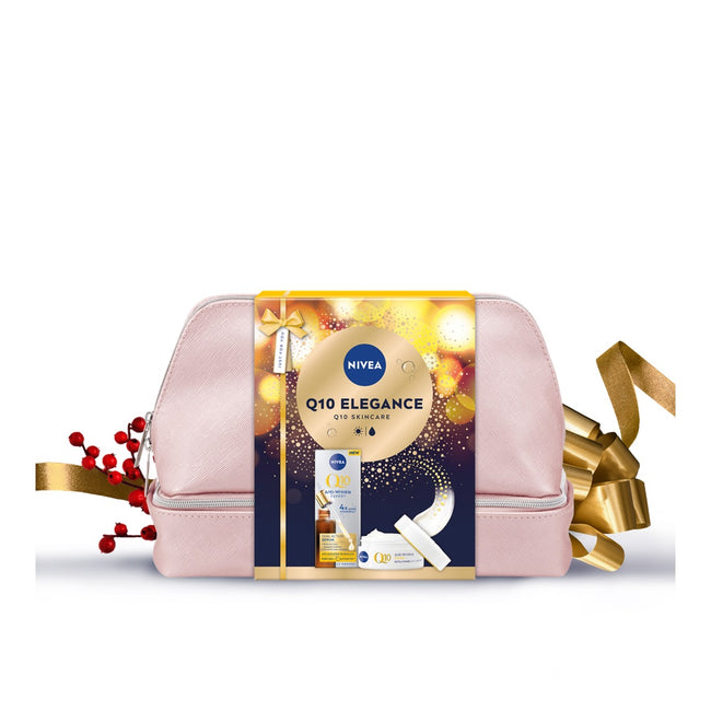 Nivea Q10 Elegance zestaw podwójnie aktywne serum do twarzy 30ml + ujędrniający krem na dzień SPF15 50ml + kosmetyczka