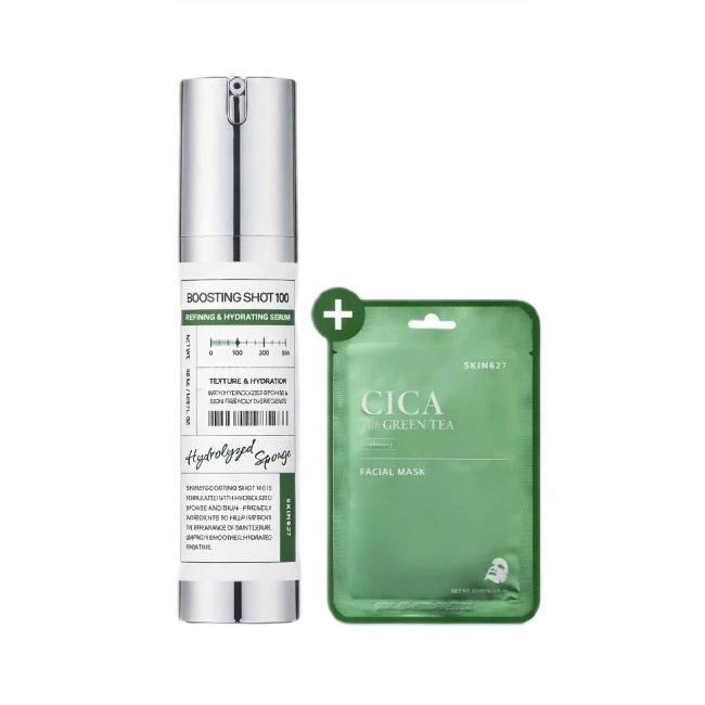 SKIN627 Boosting Shot 100 + Cica with Green Tea Sheet Mask zestaw serum do twarzy 50ml + maseczka w płachcie 22ml