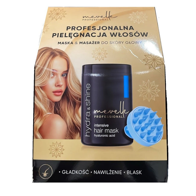 Mevelle Professional Hydra & Shine zestaw maska do włosów 900ml + masażer do skóry głowy