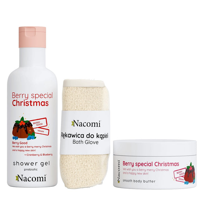 Nacomi Berry Special Christmas zestaw żel pod prysznic 300ml + masło do ciała 100ml + rękawica do kąpieli