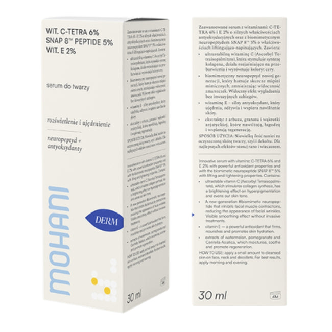 Mohani Napinająco-rozświetlające serum do twarzy z ultrastabilną witaminą C TETRA 6% neuropeptydem SNAP 8™ Peptide 5% i witaminą E 2% 30ml