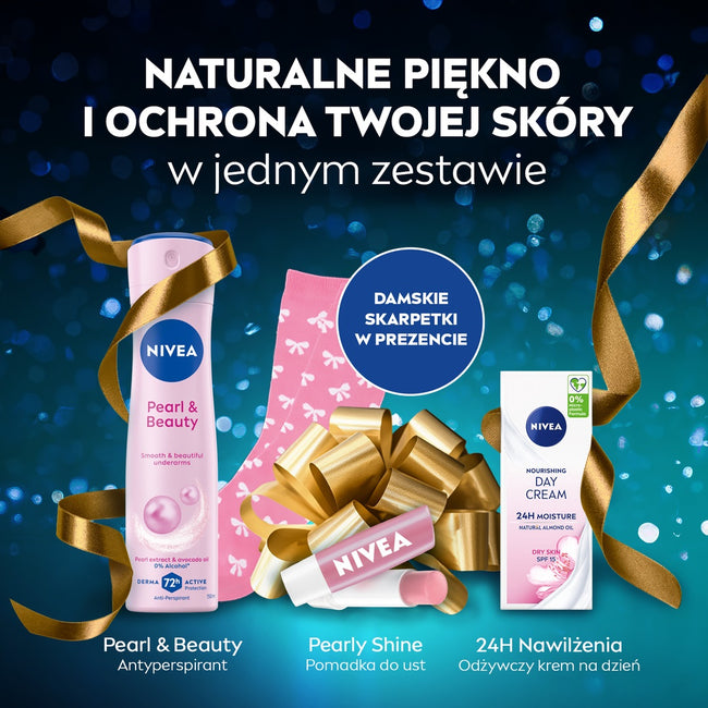 Nivea Pearly Dreams zestaw antyperspirant w sprayu 150ml + odżywczy krem na dzień SPF15 50ml + pielęgnująca pomadka do ust 4.8g + skarpetki