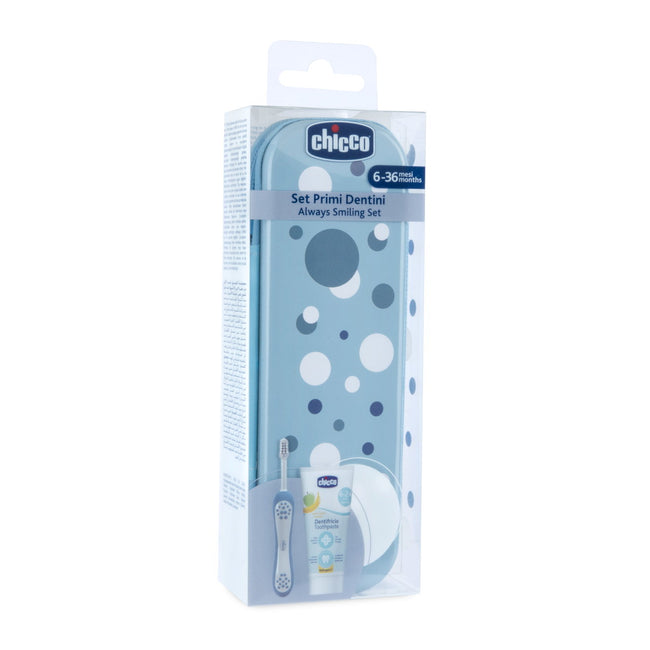 Chicco Zawsze z Uśmiechem zestaw pasta do zębów 50ml + szczoteczka do zębów + etui 6-36m Indigo