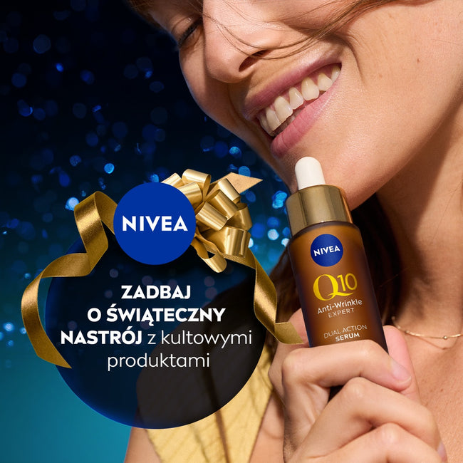Nivea Q10 Elegance zestaw podwójnie aktywne serum do twarzy 30ml + ujędrniający krem na dzień SPF15 50ml + kosmetyczka
