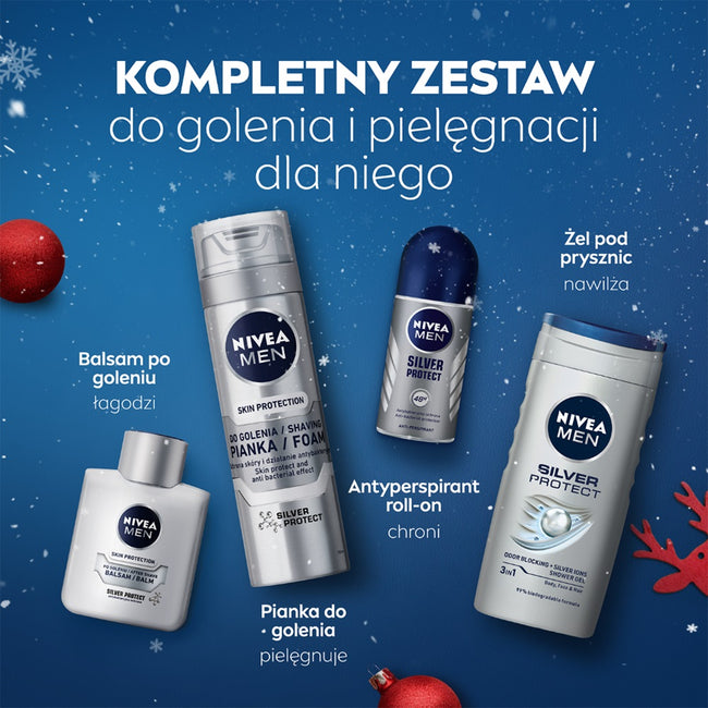 Nivea Men Silver Protect Collection zestaw pianka do golenia 200ml + balsam po goleniu 100ml + antyperspirant roll-on 50ml + żel pod prysznic 3w1 250ml