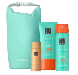 Rituals The Ritual of Karma zestaw błyszczący olejek do ciała 30ml + krem do twarzy SPF30 50ml + mleczko do opalania w sprayu SPF30 50ml