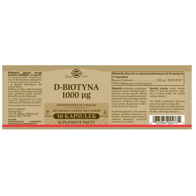 Solgar D-Biotyna 1000µg suplement diety 50 kapsułek