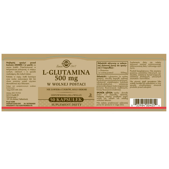 Solgar L-glutamina 500mg suplement diety 50 kapsułek