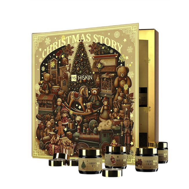 HiSkin Baśniowa Księga Kalendarz Adwentowy świeczki tealight 12x15ml + świeczki sojowe w słoiczkach 12x30ml
