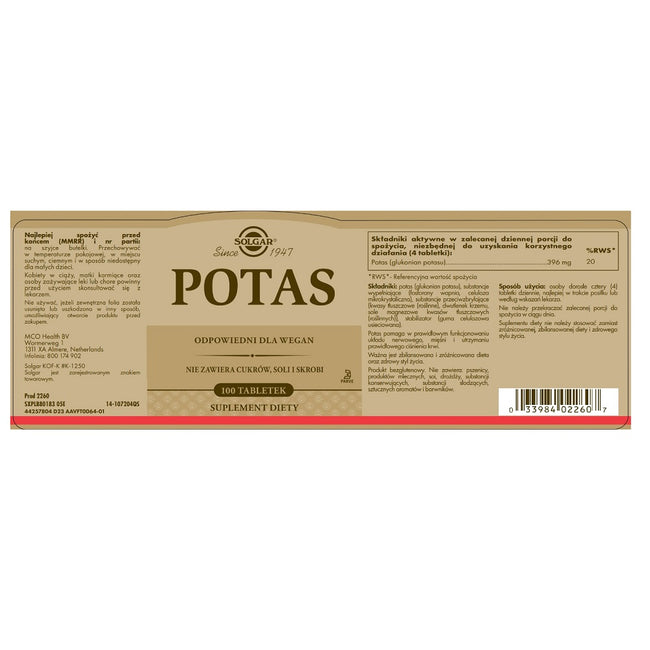 Solgar Potas suplement diety 100 tabletek