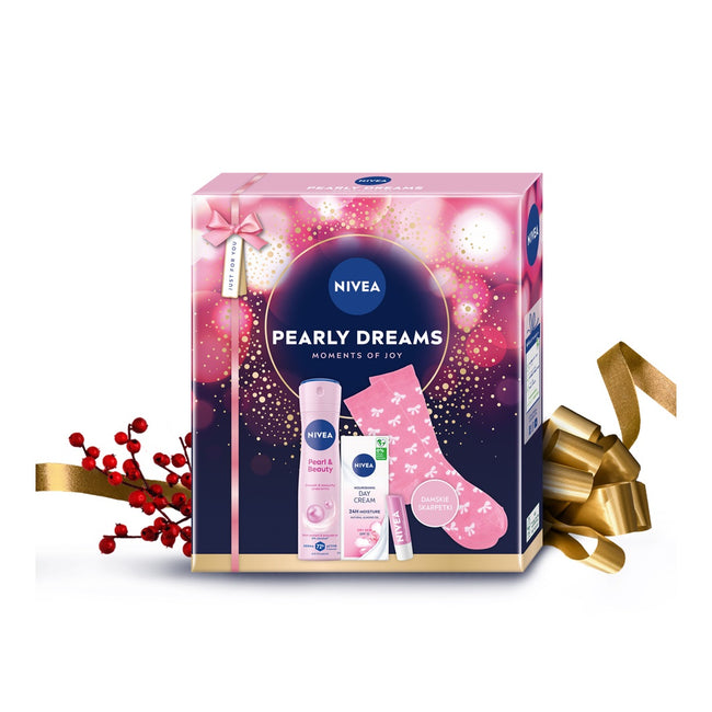 Nivea Pearly Dreams zestaw antyperspirant w sprayu 150ml + odżywczy krem na dzień SPF15 50ml + pielęgnująca pomadka do ust 4.8g + skarpetki