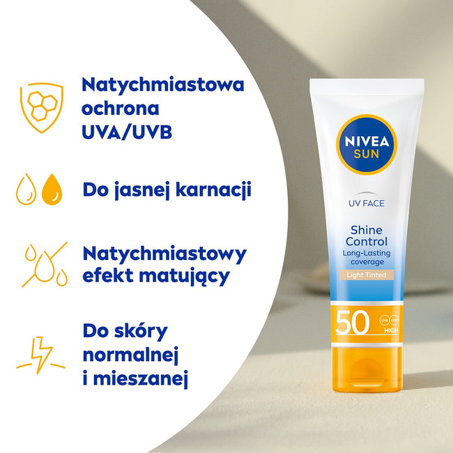Nivea Sun UV Face Shine Control matujący krem do twarzy z wysoką ochroną SPF50 Light Tinted 50ml