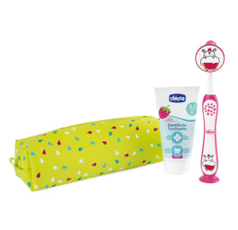 Chicco Always Smiling zestaw podróżny pasta do zębów 50ml + szczoteczka do zębów + etui 3-6l Hippo