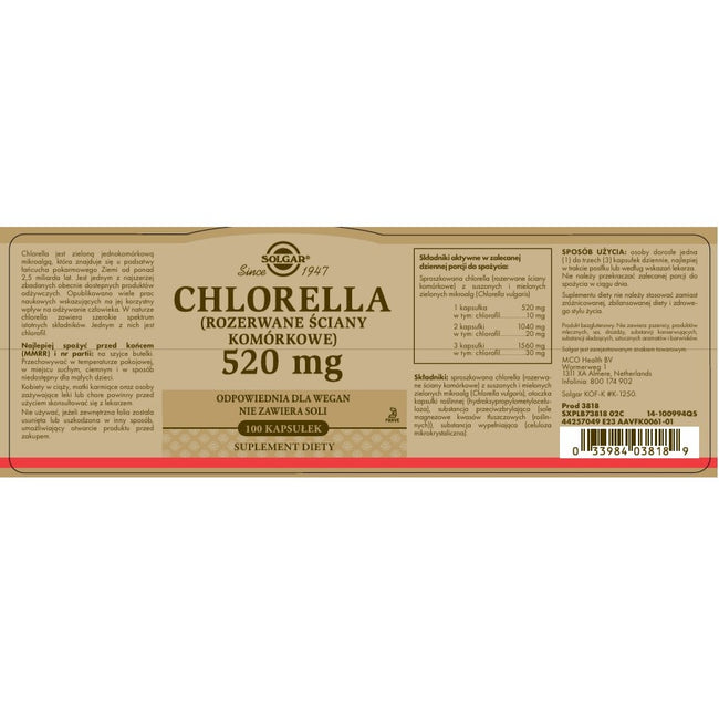 Solgar Chlorella 520mg suplement diety 100 kapsułek
