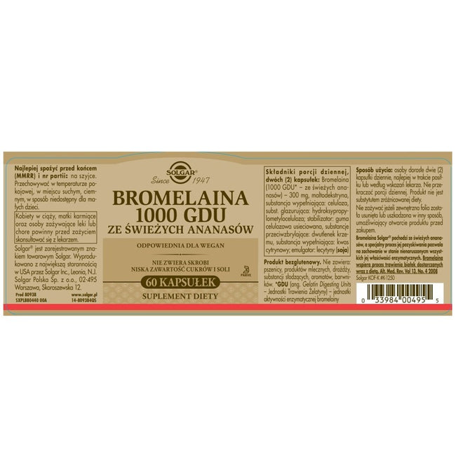 Solgar Bromelaina suplement diety 60 kapsułek
