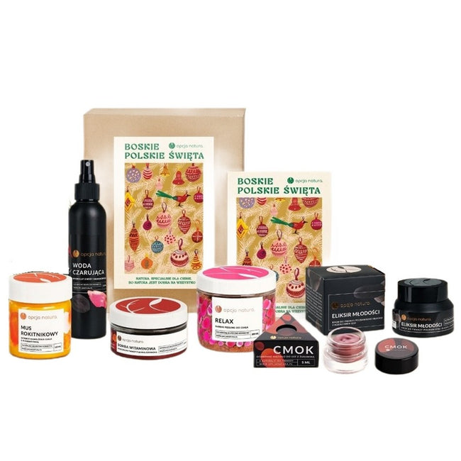 Opcja Natura Boskie Polskie Święta zestaw woda czarująca 100ml + słodki peeling do ciała 200ml + ochronne masło do ust z żurawiną 5ml + eliksir młodoścI 50ml + mus rokitnikowy do ciała 120ml + maseczka do twarzy z glinką czerwoną 100ml
