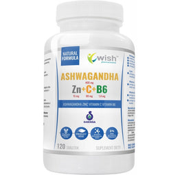 WISH Pharmaceutical Ashwagandha + Cynk + Witamina C + Witamina B6 suplement diety 120 tabletek