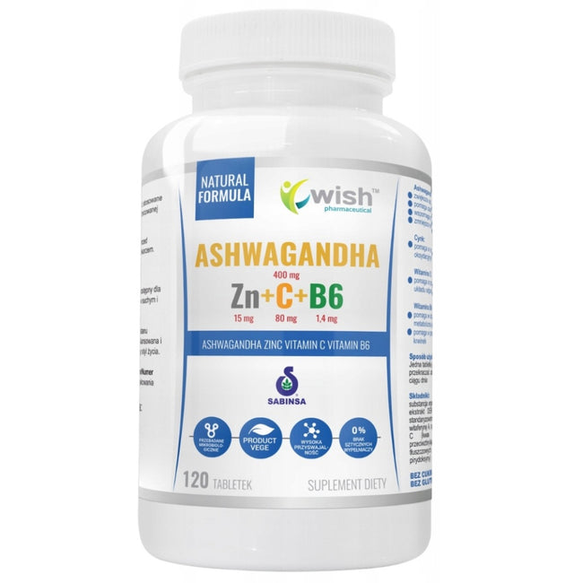 WISH Pharmaceutical Ashwagandha + Cynk + Witamina C + Witamina B6 suplement diety 120 tabletek