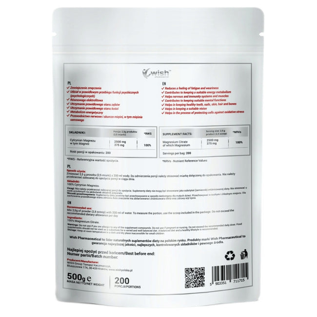 WISH Pharmaceutical Magnez cytrynian magnezu suplement diety w proszku 500g