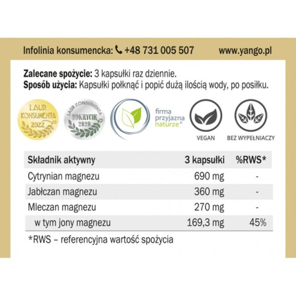 Yango Magnez 3 formy organiczne suplement diety 90 kapsułek