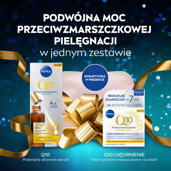 Nivea Q10 Elegance zestaw podwójnie aktywne serum do twarzy 30ml + ujędrniający krem na dzień SPF15 50ml + kosmetyczka