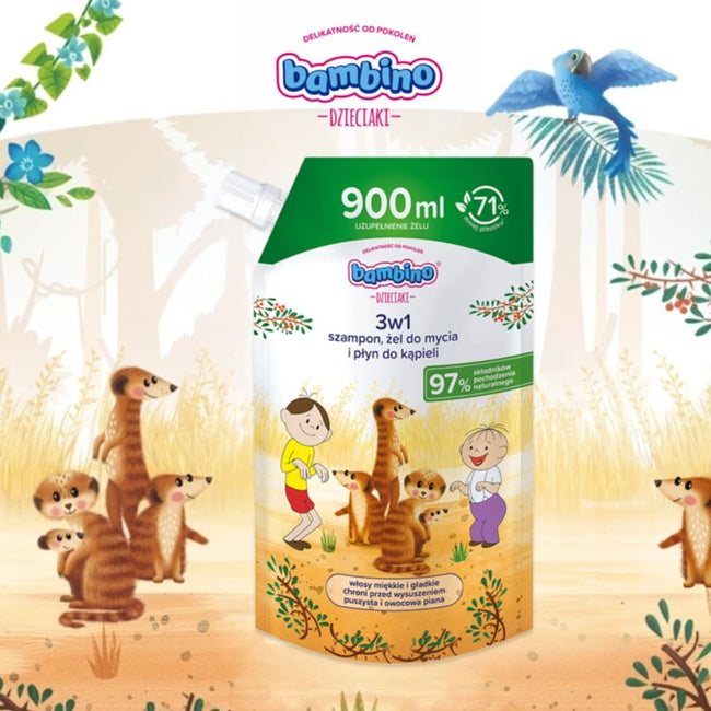 Bambino Dzieciaki 3w1 szampon żel pod prysznic i płyn do kąpieli Surykatki zapas 900ml