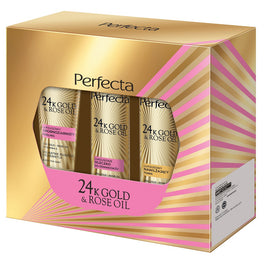 Perfecta 24K Gold & Rose Oil zestaw peeling drobnoziarnisty 75g + tonik nawilżający 200ml + mleczko do demakijażu 200ml