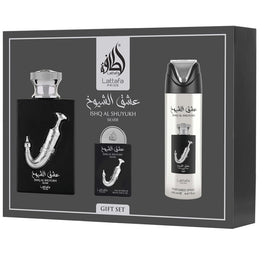 Lattafa Ishq Al Shuyukh Silver zestaw woda perfumowana spray 100ml + woda perfumowana spray 20ml + dezodorant spray 200ml