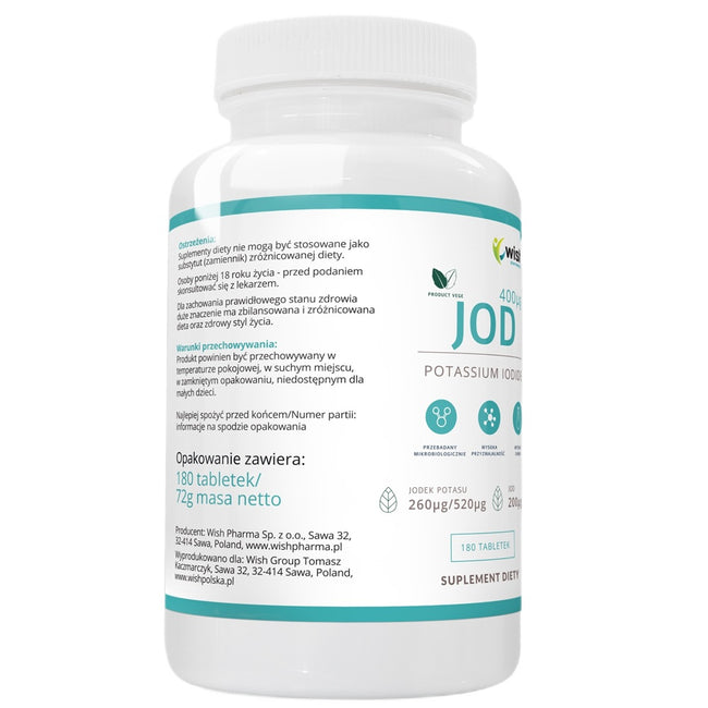 WISH Pharmaceutical Jod Jodek Potasu 400mcg suplement diety 180 tabletek