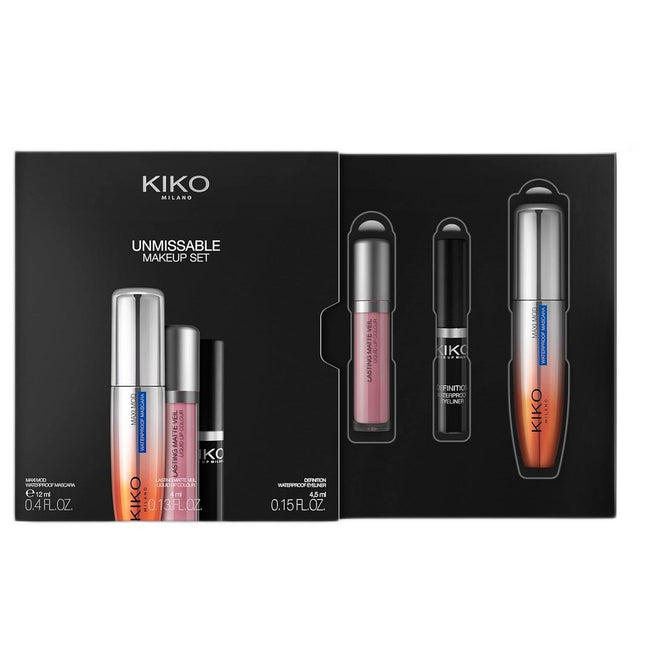 KIKO Milano Unmissable Make Up Set zestaw tusz do rzęs 12ml + wodoodporny eyeliner 4.5ml + matowa pomadka w płynie 4ml