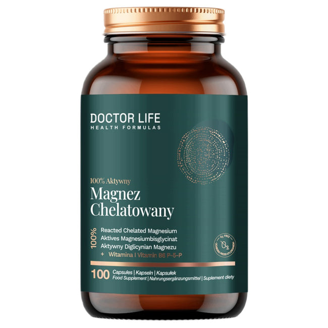 Doctor Life Magnez Chelatowany 100% aktywny + witamina B6 P-5-P suplement diety 100 kapsułek