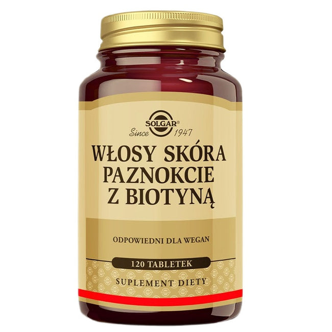 Solgar Włosy skóra paznokcie z biotyną suplement diety 120 tabletek