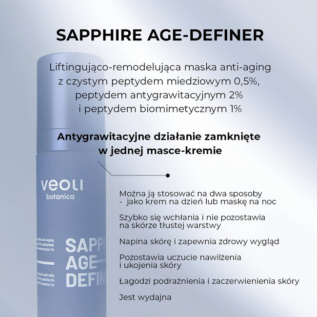 Veoli Botanica Sapphire Age-Definer liftingująco-remodelująca maska anti-aging z czystym peptydem miedziowym 0.5% peptydem antygrawitacyjnym 2% i peptydem biomimetycznym 1% 50ml