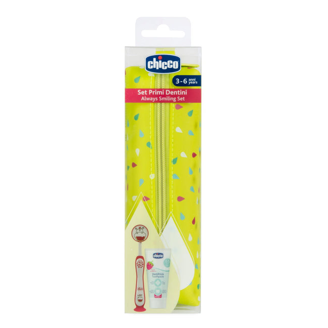 Chicco Always Smiling zestaw podróżny pasta do zębów 50ml + szczoteczka do zębów + etui 3-6l Hippo