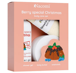 Nacomi Berry Special Christmas zestaw żel pod prysznic 300ml + masło do ciała 100ml + rękawica do kąpieli