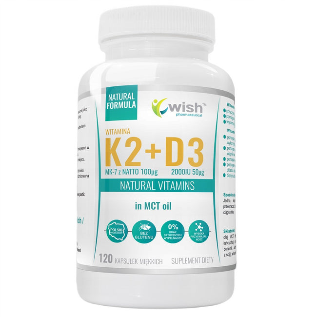 WISH Pharmaceutical Witamina K2 MK-7 z Natto 100μg + D3 2000 IU 50μg w oleju MCT suplement diety 120 kapsułek miękkich
