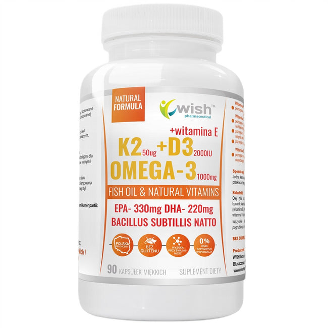 WISH Pharmaceutical Witamina K2 50ug + D3 2000IU + Omega-3 1000mg suplement diety 90 kapsułek miękkich