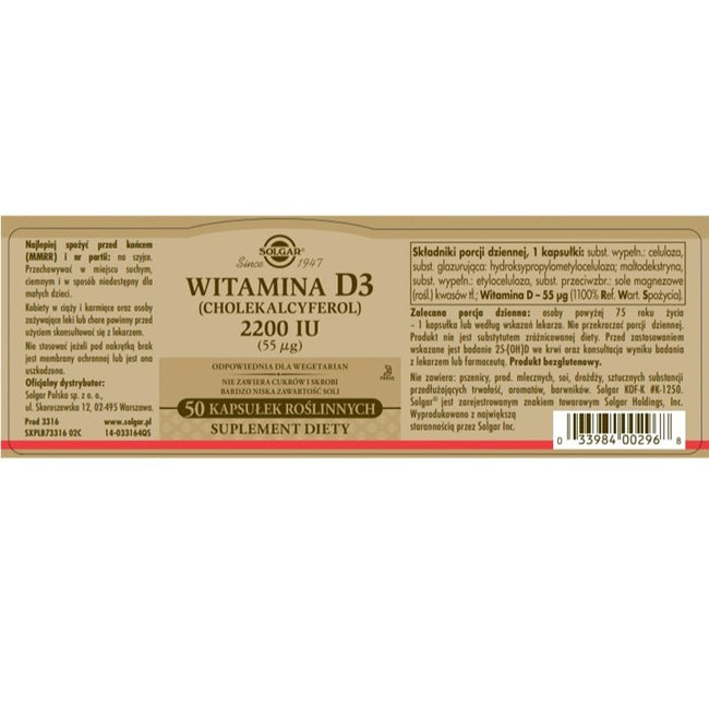 Solgar Witamina D3 2200IU suplement diety 50 kapsułek