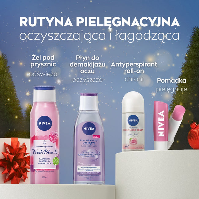 Nivea You Got This zestaw odświeżający żel pod prysznic 300ml + antyperspirant roll-on 50ml + pielęgnująca pomadka do ust 4.8g + kojący płyn micelarny 200ml + kosmetyczka