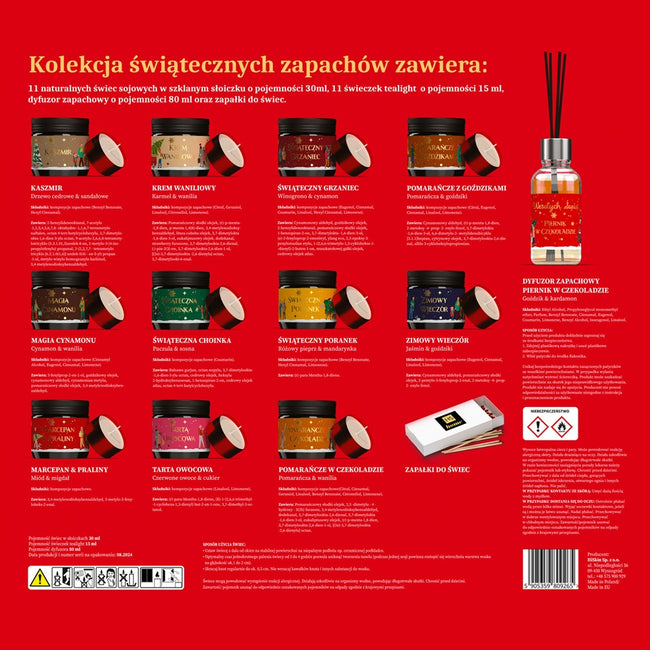HiSkin Kamienica Kalendarz Adwentowy świeczki tealight 11x15ml + świeczki sojowe w słoiczkach 11x30ml + dyfuzor zapachowy 80ml + zapałki do świec