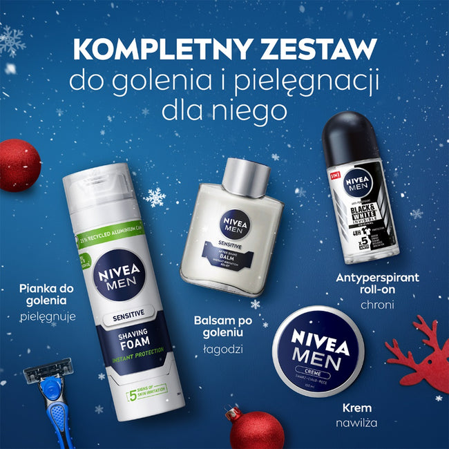 Nivea Men Sensitive Elegance zestaw antyperspirant roll-on 50ml + krem uniwersalny 75ml + pianka do golenia 200ml + balsam po goleniu 100ml + kosmetyczka