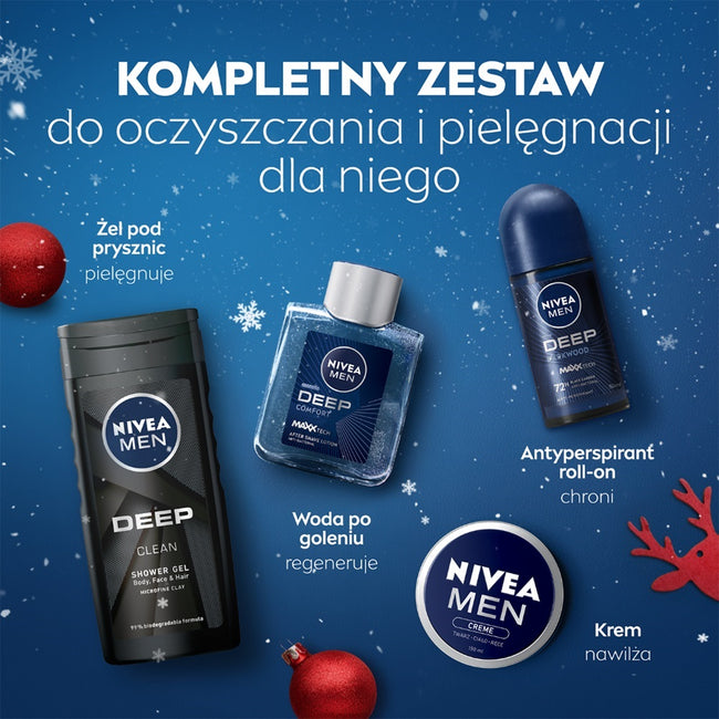 Nivea Men Deep Collection zestaw krem uniwersalny 75ml + antyperspirant roll-on 50ml + żel pod prysznic 3w1 250ml + antybakteryjna woda po goleniu 100ml