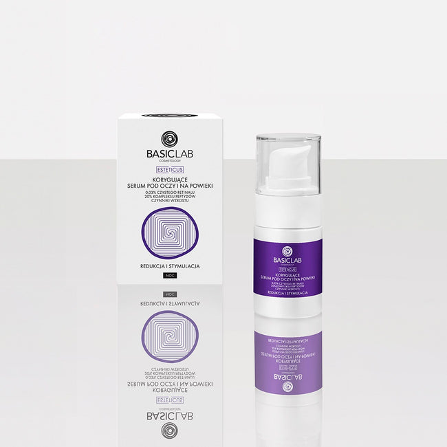 BasicLab Esteticus korygujące serum pod oczy z retinalem 0.03% 20% kompleksem peptydów i czynnikami wzrostu Redukcja i Stymulacja 15ml
