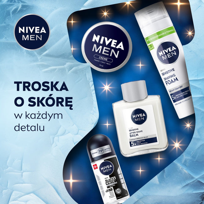 Nivea Men Sensitive Elegance zestaw łagodząca pianka do golenia 200ml + łagodzący balsam po goleniu 100ml + krem uniwersalny 100ml + antyperspirant roll-on 50ml + kosmetyczka