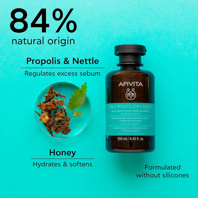 Apivita Oily Roots & Dry Ends Shampoo szampon regulujący przetłuszczanie nasady i odżywiający suche końcówki z pokrzywą i propolisem 250ml